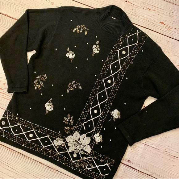 Vintage Beaded Knit Mock Neck Holiday Winter Sweater Victoria Jones Black Silver - Picture 2 of 15